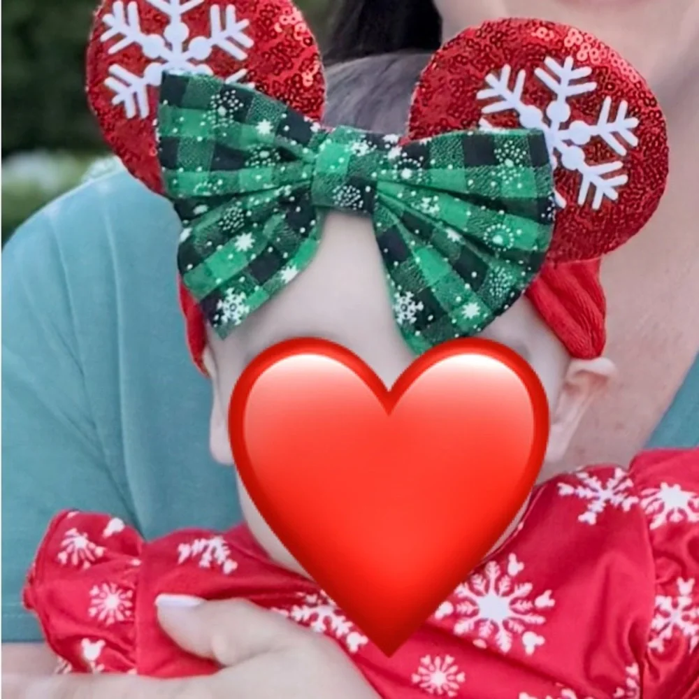 Baby Girl Minnie Christmas Headband – Red Sequin Ears Green Plaid Snowflake Bow - Picture 2 of 3